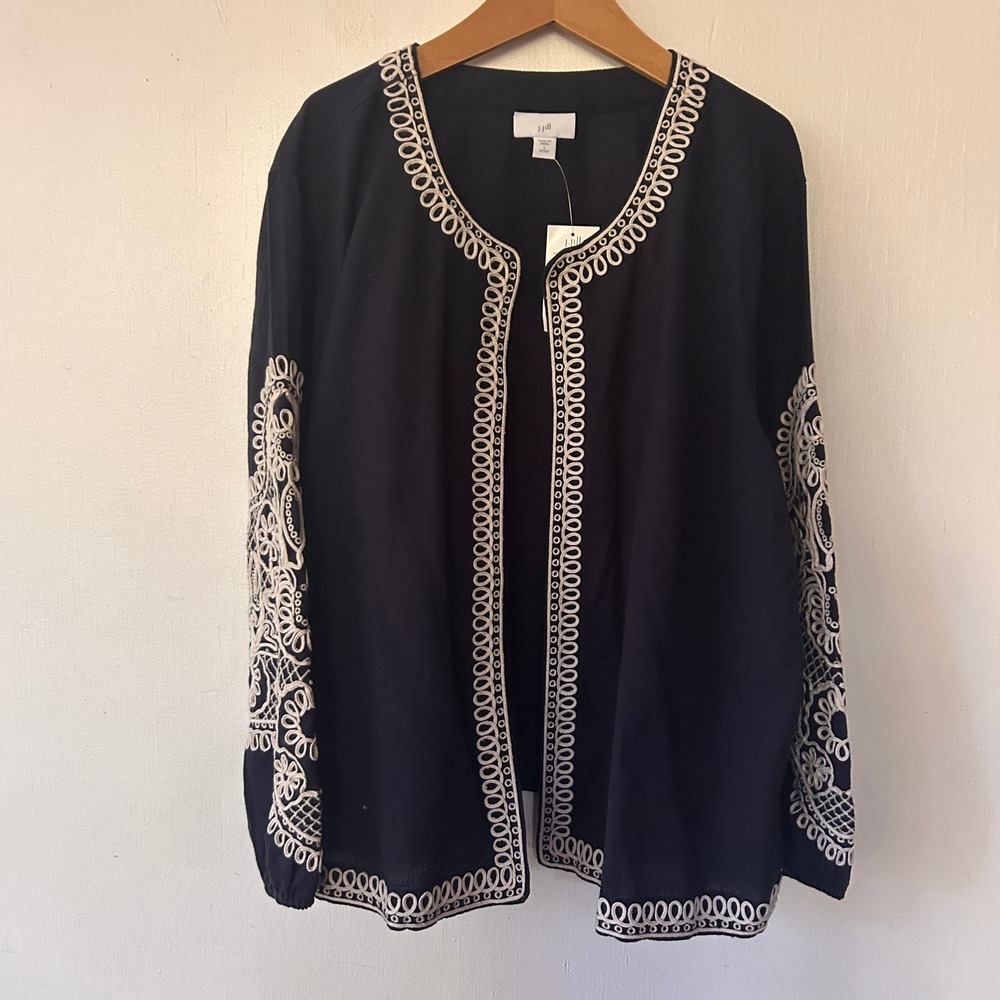 J. Jill Jacket Women LP Navy Embroidered Linen Blend Open Front Boho Coastal NWT